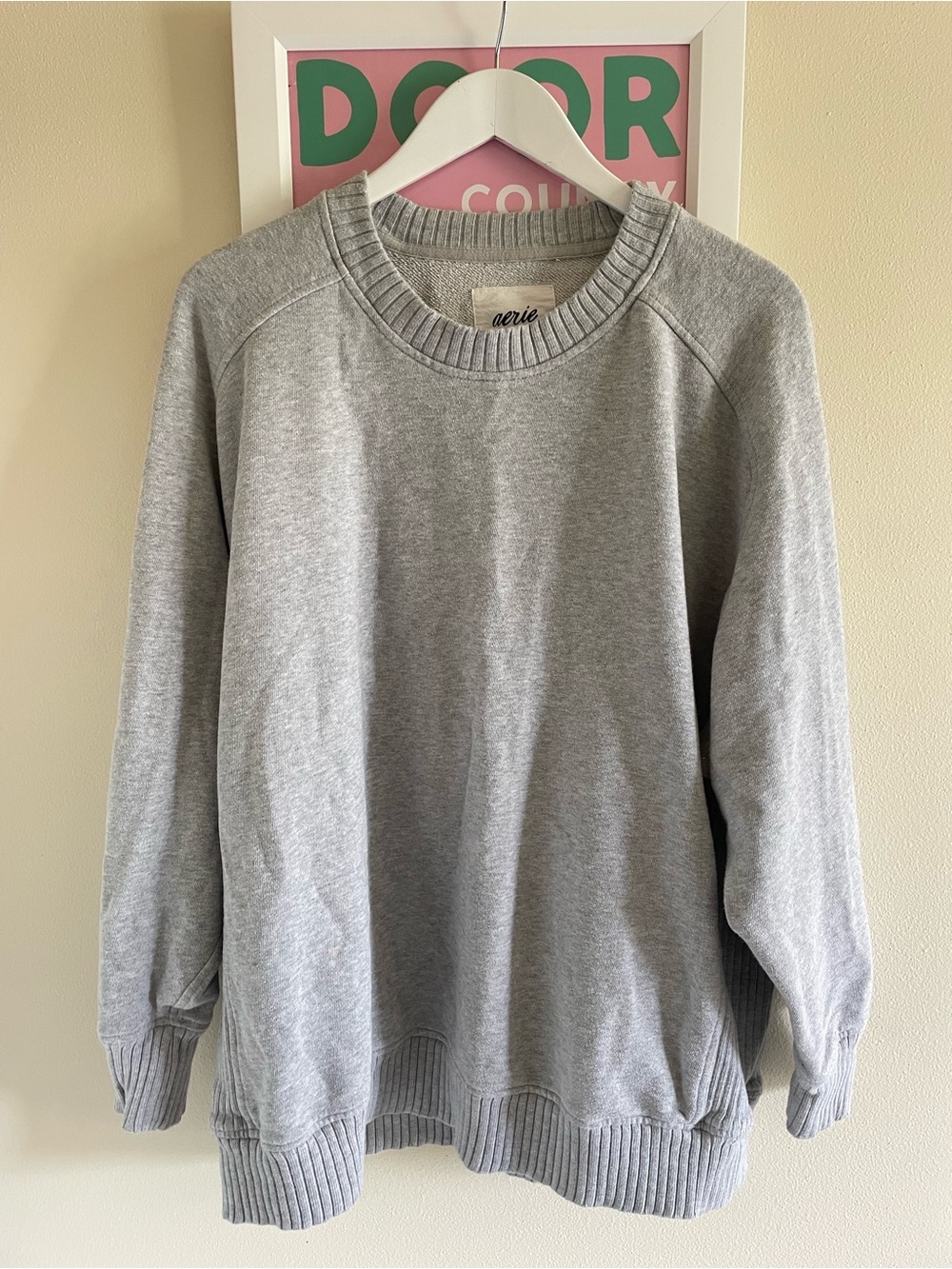 Aerie Oh So Cozy Ribbed Panel Crewneck Pullover Sweatshirt in Grey Size Large